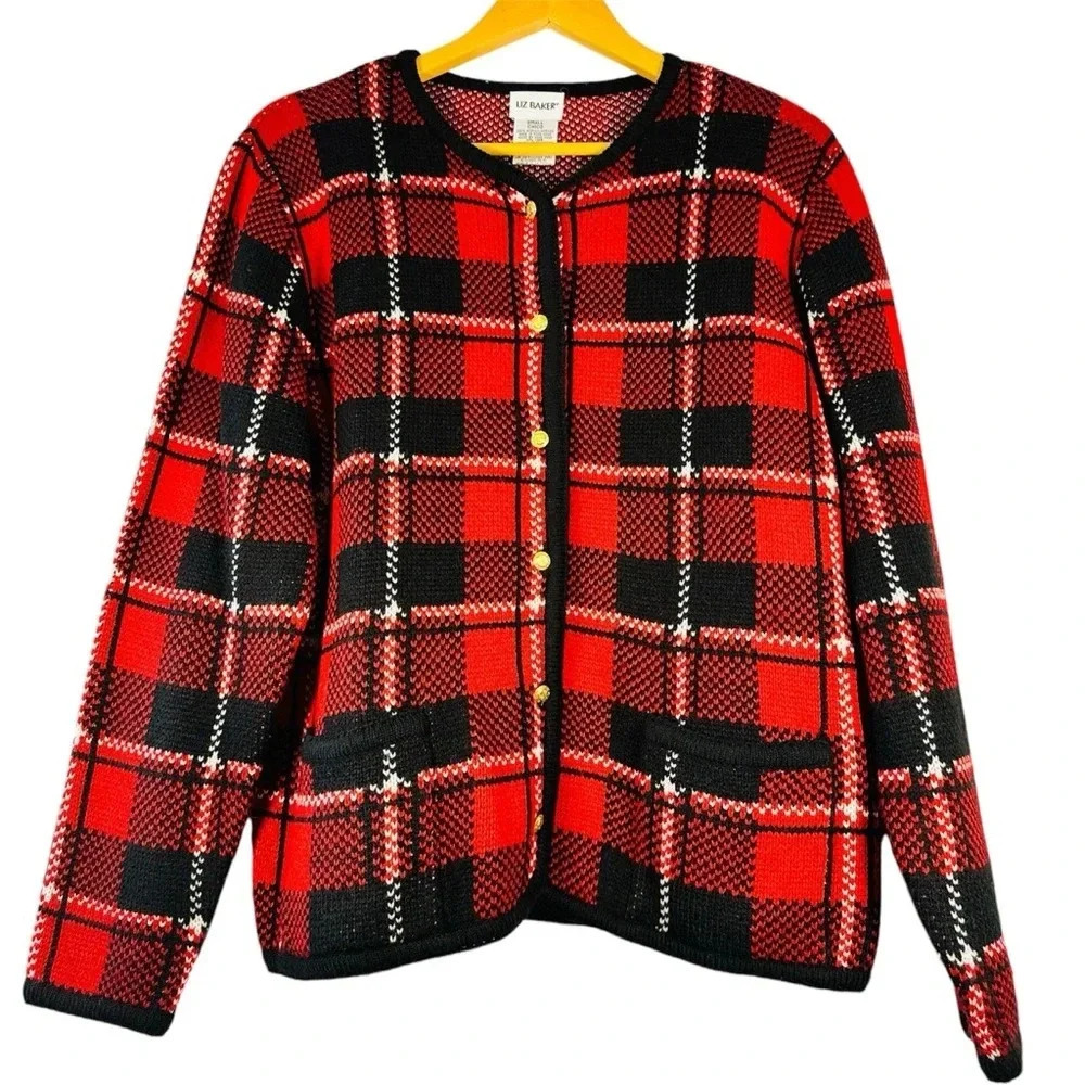 Vintage Liz Baker Plaid Red White Black Heavy Knit Cardigan Embellished Buttons